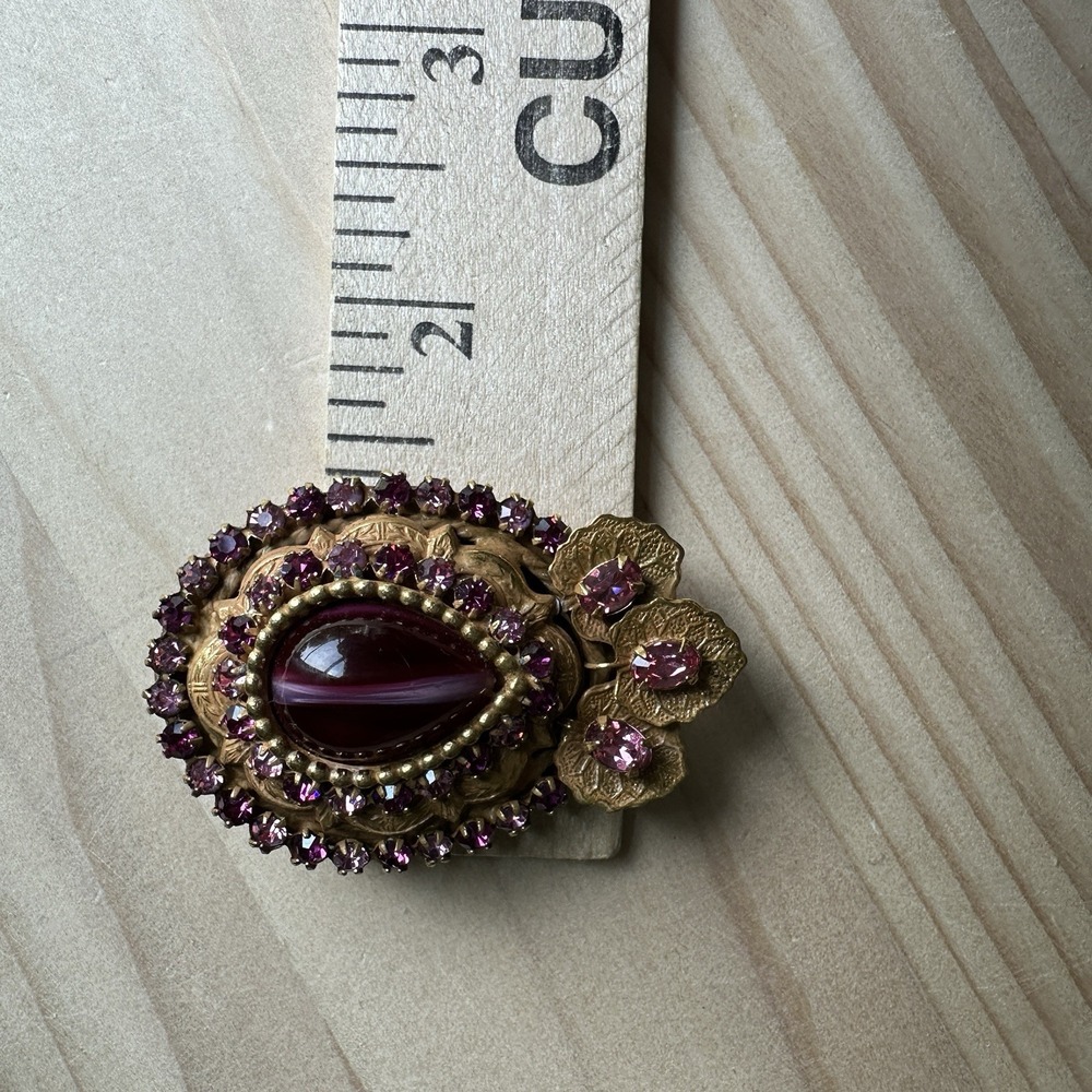 VTG Original By Robert Pendant Brooch 2 Inch Cat Eye Glass Cab Purple Rhinestone - Picture 12 of 13